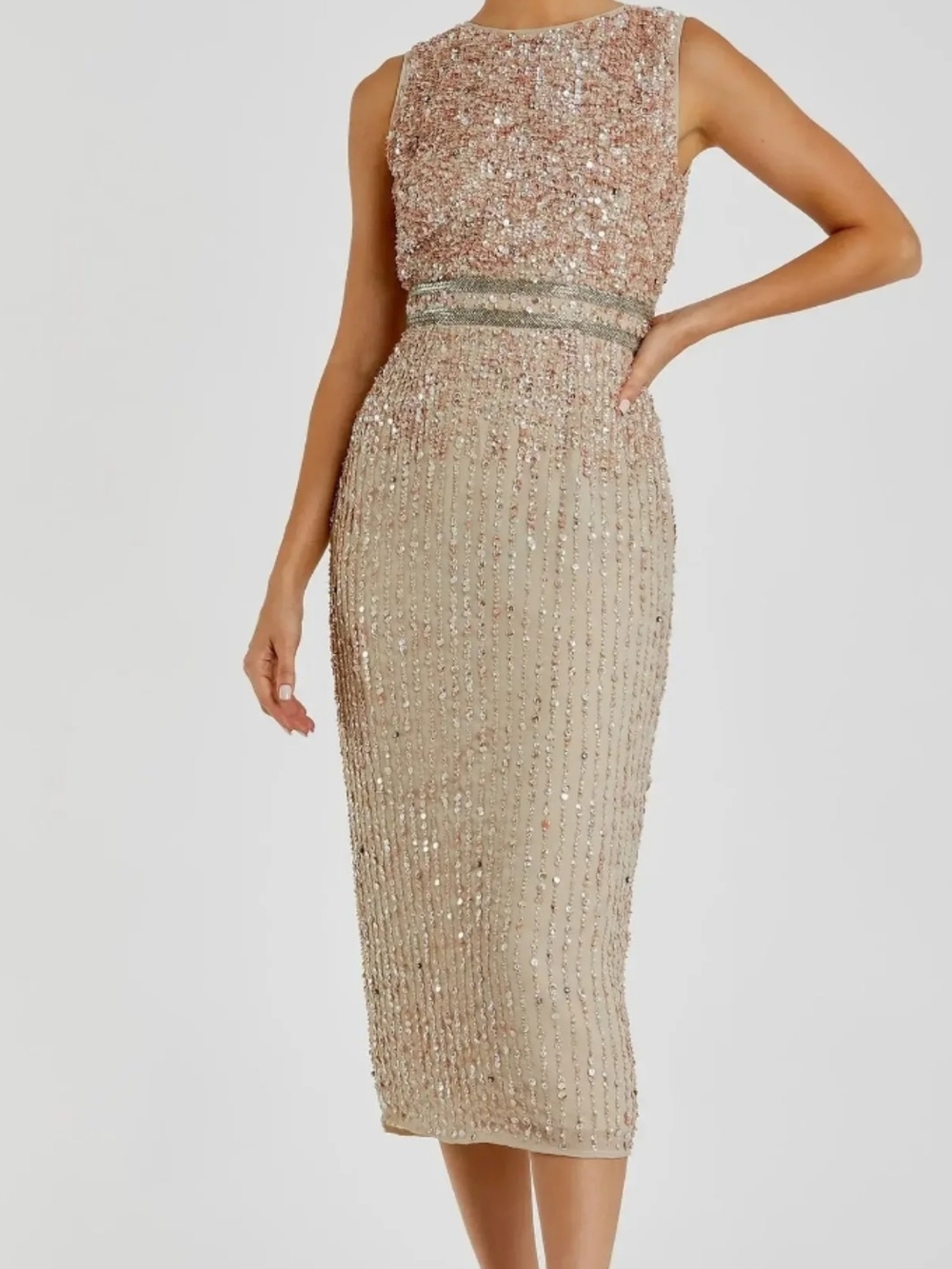 Mac Duggal Rose Gold and Champagne Beaded Sheath Dress